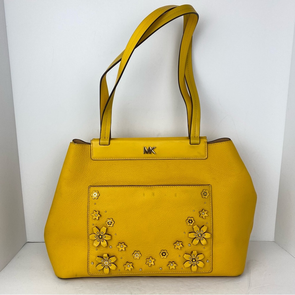 Michael Kors Meredith Yellow Sunflower Floral Pebbled Leather Tote Shoulder Bag